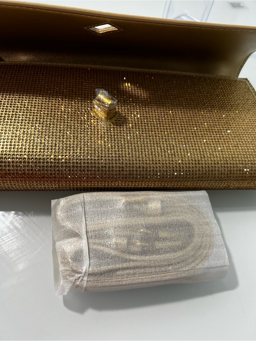 Gold Rhinestone Clutch Handbag purse elegant elongated evening bag crossbody - Picture 5 of 13